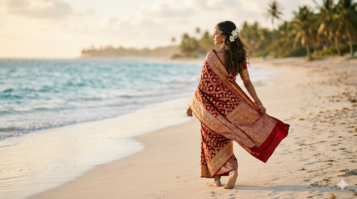 South Asian bride in a saree on a tropical beach for a destination wedding