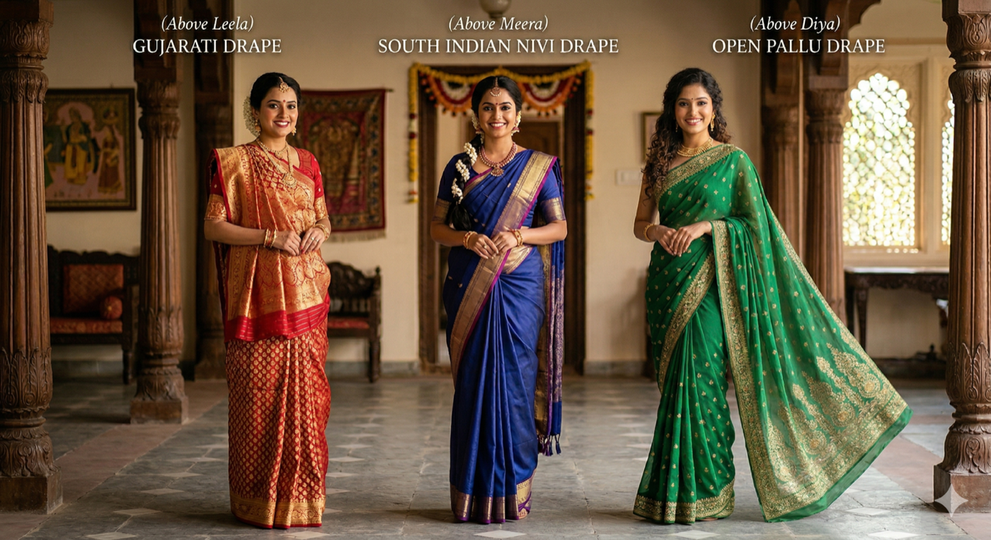 Gujarati, South Indian Nivi, and Open Pallu saree draping styles side by side