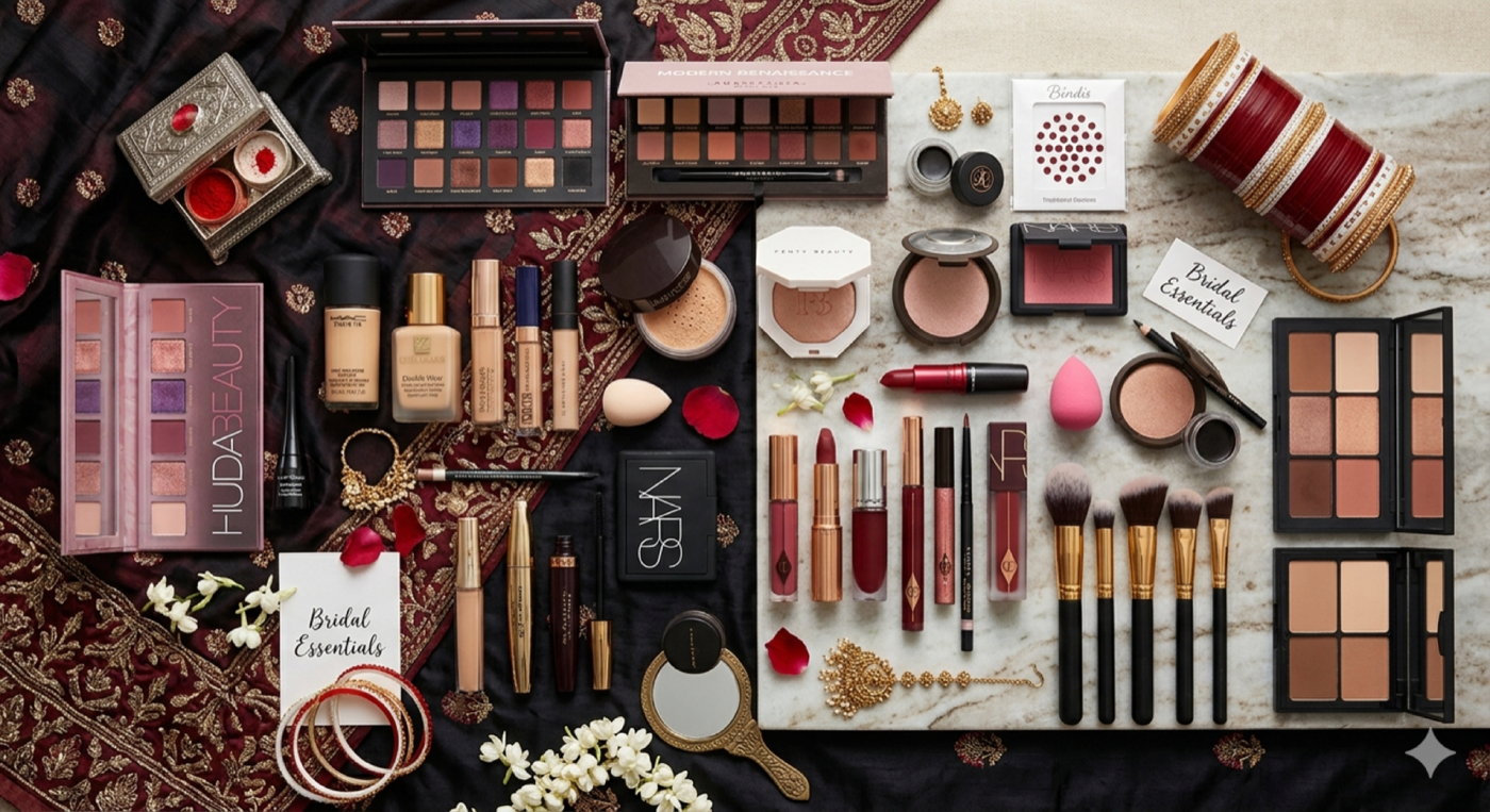 Flatlay of bridal makeup products for desi brides